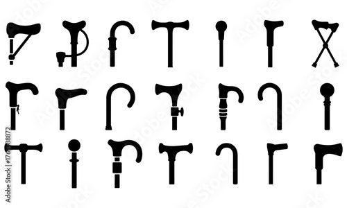 Walking Cane and Mobility Aid Silhouette Icon Collection