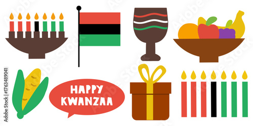Kwanzaa Elements Set. Hand drawn vector illustration of flat simple design symbols for African American holiday. Minimal cultural collection with kinara, cup, gifts and candles.