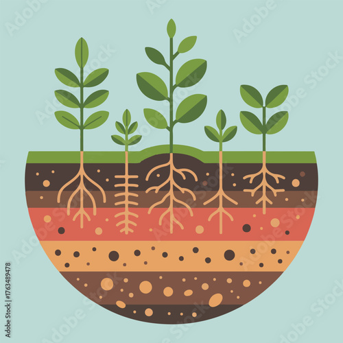 Flat Vector Illustration of Earth Cross-Section with Soil Layers, Roots, and Growing Plants – Educational Environmental Design