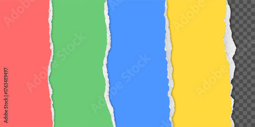 Colored torn paper with realistic textured ripped edges. Color cardboard or paper sheet with realistic torn edge and soft shadow. Vector.