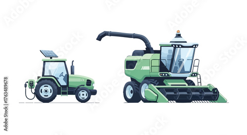 Electric Tractor and Smart Combine Harvester – Renewable Energy Agriculture Concept Vector Illustration