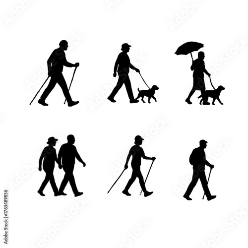Senior couple walking silhouette vector. Elderly people walking together illustration. Active senior lifestyle silhouette. Healthy aging couple walking outdoors. Mature adults daily exercise vector.