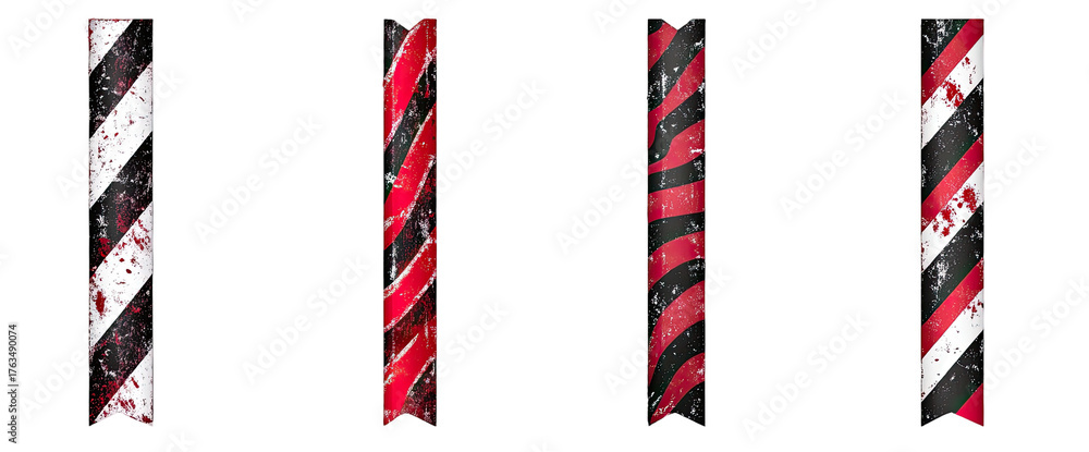 Fototapeta premium Four distressed poles with red, black, and white diagonal stripes