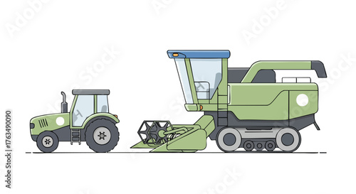 Modern Green Tractor and Combine Harvester – Agricultural Machinery Vector Illustration