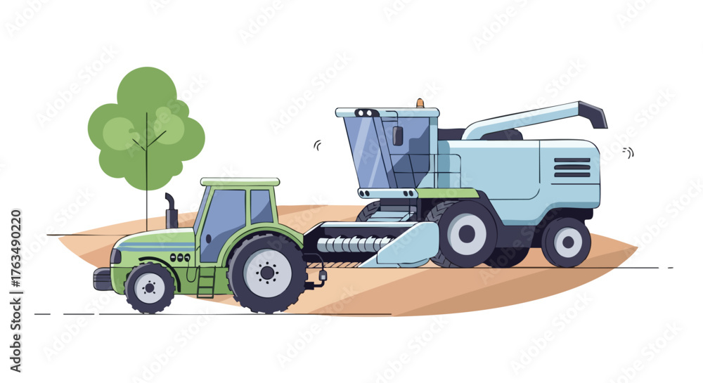 Fototapeta premium Modern Tractor and Combine Harvester Working in Field – Flat Vector Agriculture Illustration