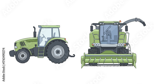 Modern Green Tractor and Forage Harvester Set in Flat Vector Illustration