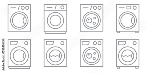 Washing machine line icons set isolated on transparent background. Laundry and cleaning symbols in minimal style. Editable stroke.
