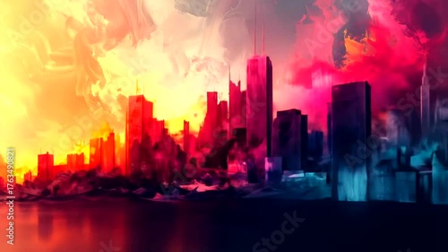 Abstract expressionist cityscape blending warm and cool tones