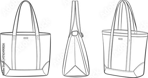 Women’s tote bag vector illustration, front side and three quarter view, structured base with handles and label, fashion CAD flat sketch