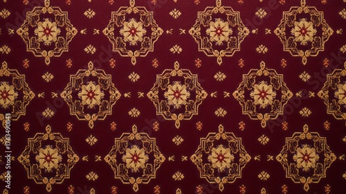 Intricate golden floral medallions adorn a rich, dark red fabric.