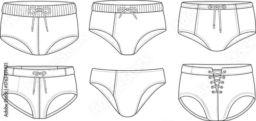 Women’s underwear vector illustration, six styles of high waisted briefs with bows, drawstrings and lace up details, fashion CAD flat sketch