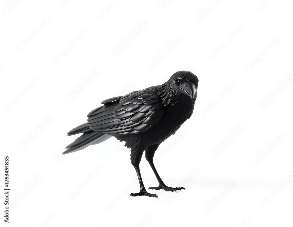 Obraz premium Realistic Decorative Black Raven or Crow on Bright White Studio Background for Halloween Mockup