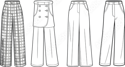 Women’s wide leg pants vector illustration set, plaid, sailor style, plain and tailored designs, high waist fashion CAD flat sketch