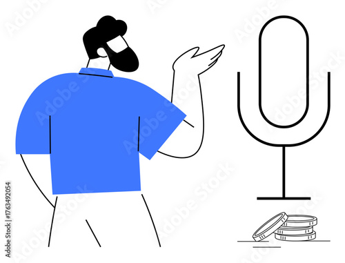Man gesturing near a microphone and coins, connecting to podcasting topics. Ideal for media, storytelling, monetization, communication, technology, entrepreneurship and personal branding. Simple