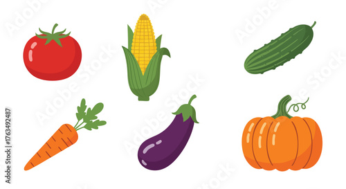 Flat Vector Illustration of Fresh Vegetables Including Tomato, Corn, Cucumber, Carrot, Eggplant, and Pumpkin for Organic Food, Farming, and Healthy Lifestyle Design