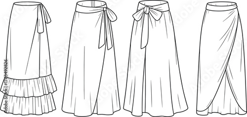 Women’s wrap skirt vector illustration set, four styles with ruffle, tie waist, flared and draped designs, fashion CAD flat sketch