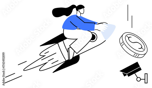 Woman on rocket symbolizes progress. Nearby coin suggests financial growth, camera implies monitoring, speed and vision. Ideal for finance, technology, success, growth, innovation surveillance
