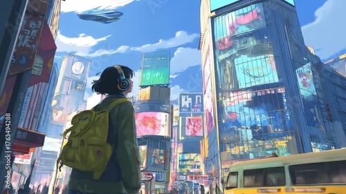 anime character, a person with headphones is in the middle of a modern city