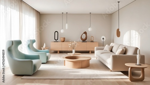 Elegant Nordic Design with Pastel Armchairs. Cozy Contemporary Home Interior Design