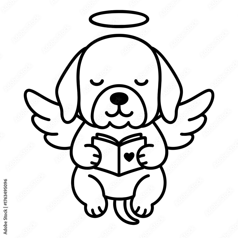 Fototapeta premium Angel dog with wings and halo reading book, black line art on white background