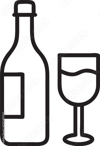 A black silhouette vector illustration of a wine bottle and glass set for a celebration party drink