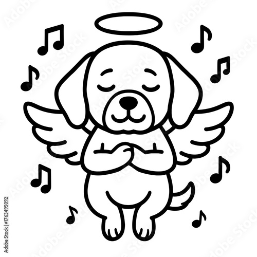 Angel dog with wings and halo singing with music notes, black line art on white