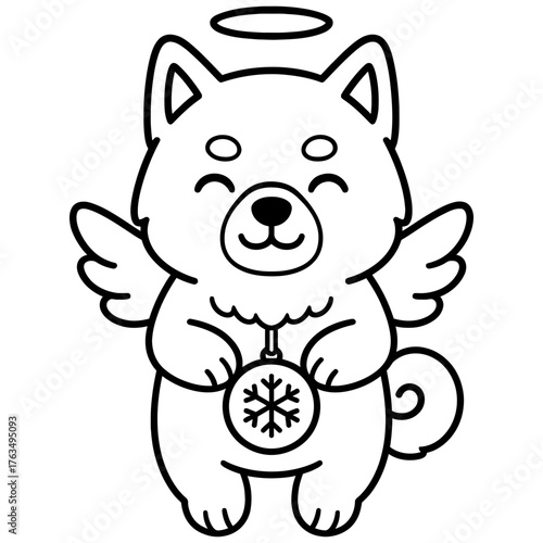 Angel shiba inu with wings and halo holding snowflake ornament, line art on white