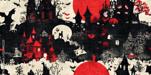 Spooky Halloween scene with castles and creatures under a red moon.