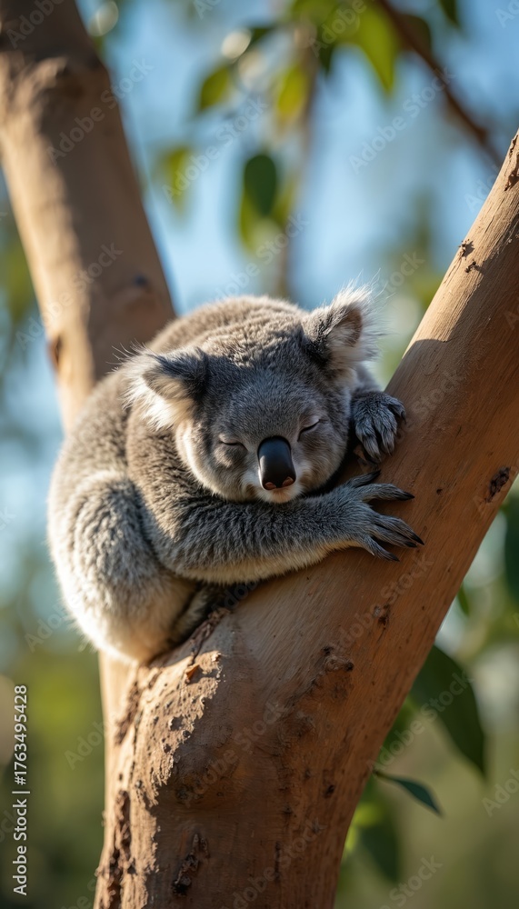 Fototapeta premium Cute fluffy koala sleeps peacefully on tree branch. Adorable marsupial rests in warm sunlight. Wild animal enjoys long nap in nature, feeling safe, calm. Australian wildlife in sleepy, tranquil