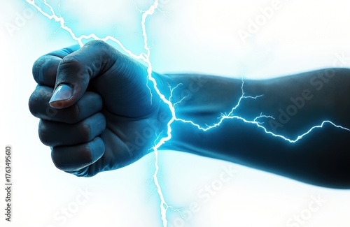 Fist with glowing blue lightning crackling around it. Symbolizes power strength and intense energy. This striking image conveys force and impact.