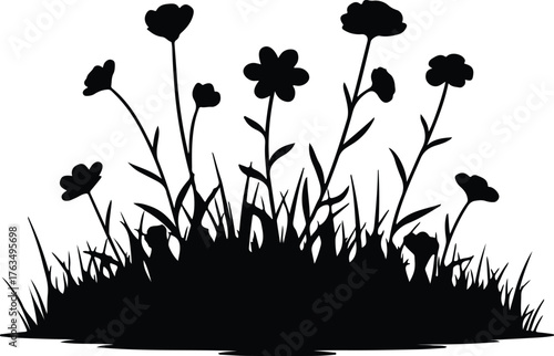 Silhouette vector flower bed with grass and flowers Illustrator