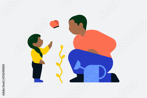 Flat minimal vector illustration of a father and child gardening together outdoors. Represents family bonding, environmental care, learning through nature in a sustainable way.
