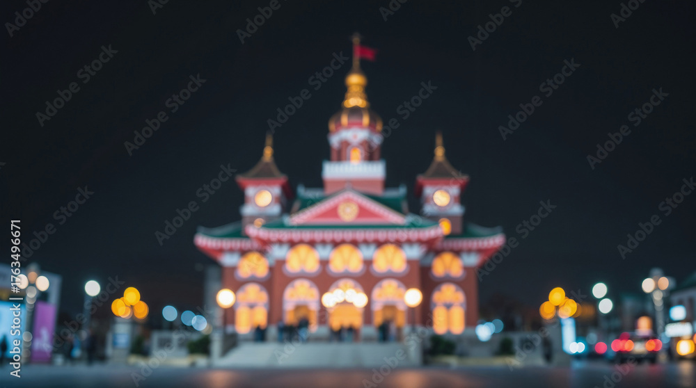 Obraz premium A brightly lit traditional Chinese building at night, blur, out of focus. Architecture features ornate details and a prominent flag