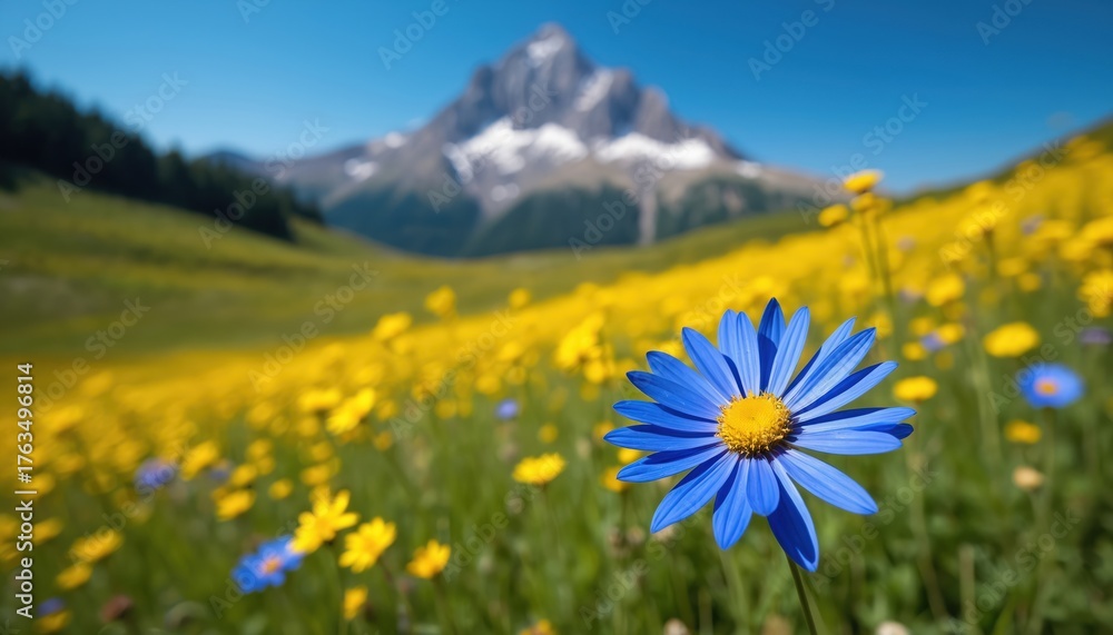 Fototapeta premium Close up blue flower in yellow mountain meadow. Majestic snowy mountain peak in background. Clear sky over green field with blooming flora. Bright sunny day.