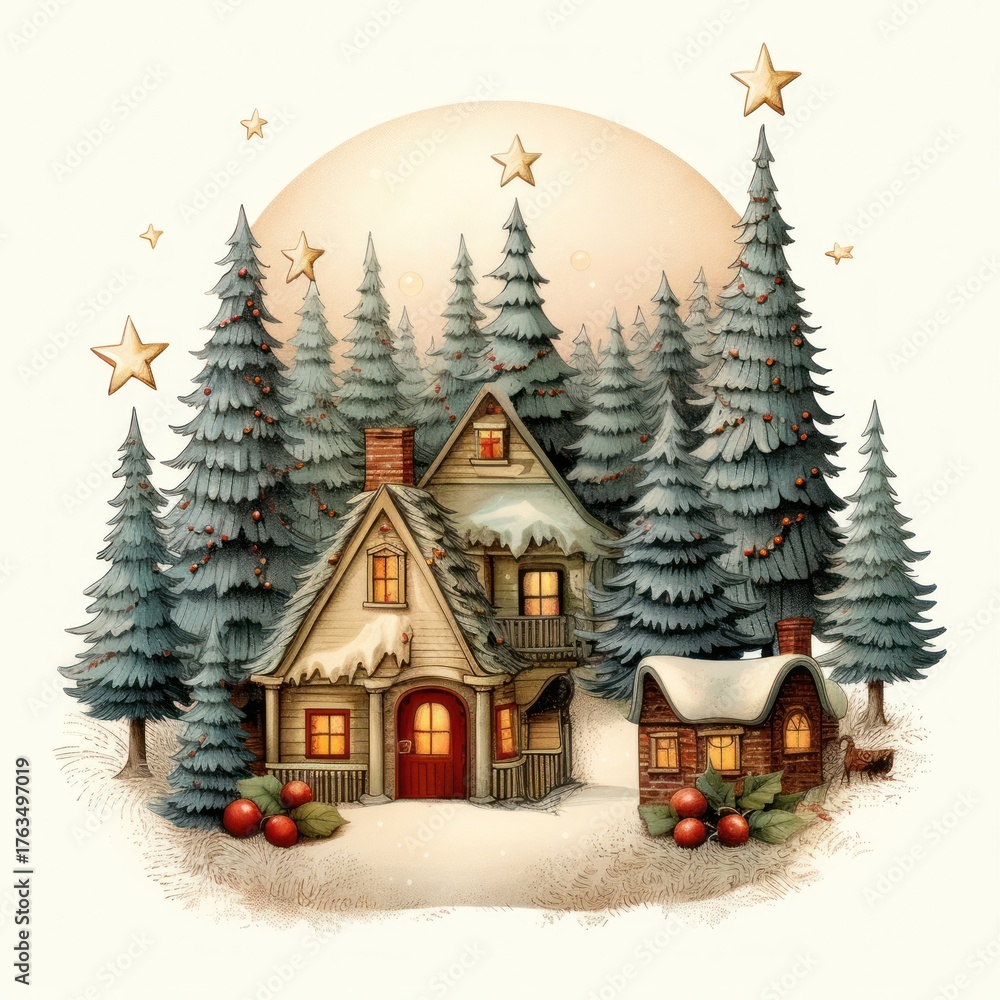 Fototapeta premium Fir branches christmas illustration trees.