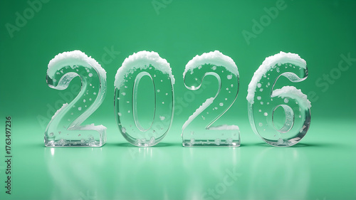 Cool and refreshing 2026 numbers made of ice on a green background
