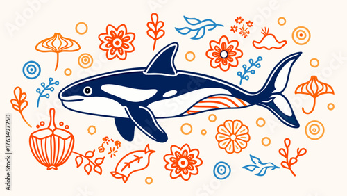 Orca Killer Whale with Orange Floral Patterns - Stylized Marine Mammal Illustration with Fish and Abstract Elements