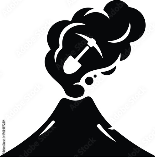 Silhouette vector volcano eruption with pickaxe and shovel Illustrator
