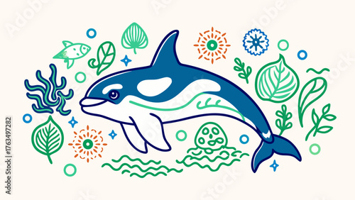 Orca Killer Whale Swimming with Underwater Plants - Blue and White Marine Mammal Illustration with Ocean Elements