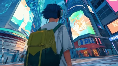 anime character, a person with headphones is in the middle of a modern city
