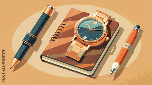 Very beautiful elegant wristwatch placed beside a fountain pen and notebook on a beige surface, representing timeless style, discipline, and sophistication.
