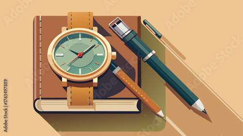 Very beautiful elegant wristwatch placed beside a fountain pen and notebook on a beige surface, representing timeless style, discipline, and sophistication.
