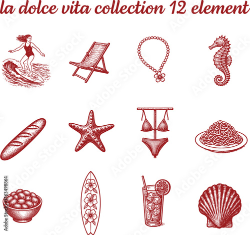 Summer beach icons set – surfing, bikini, starfish, seashell, seahorse, pasta and drink – la dolce vita collection