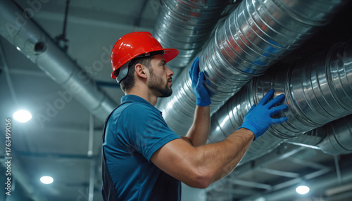 Male HVAC worker in hard hat and gloves checks metal air ducts installed in ceiling of commercial building. Pro ensures proper ventilation system function. Skilled blue collar job.
