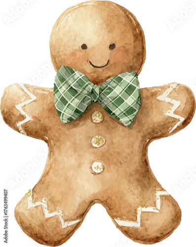 Charming watercolor painting of a traditional gingerbread man cookie decorated with icing and festive holiday details - vector illustration