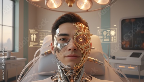 Futuristic cyborg awakening medical facility digital art sci-fi close-up
