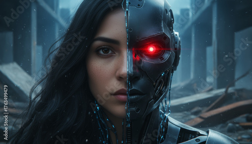 Futuristic battle between human and robot in dystopian cityscape