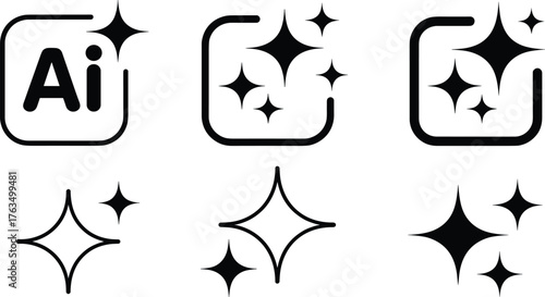 Black vector sparkle icons and Adobe Illustrator Ai logo variations, minimal design elements, clean symbols, decorative star shapes, user interface graphics