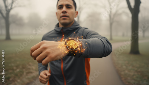 Running man checks smartwatch during foggy morning run in park