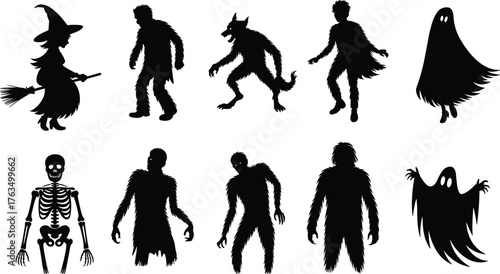 Halloween monster silhouette vector set with witch, werewolf, zombie, ghost, and skeleton characters for spooky decoration and horror design.